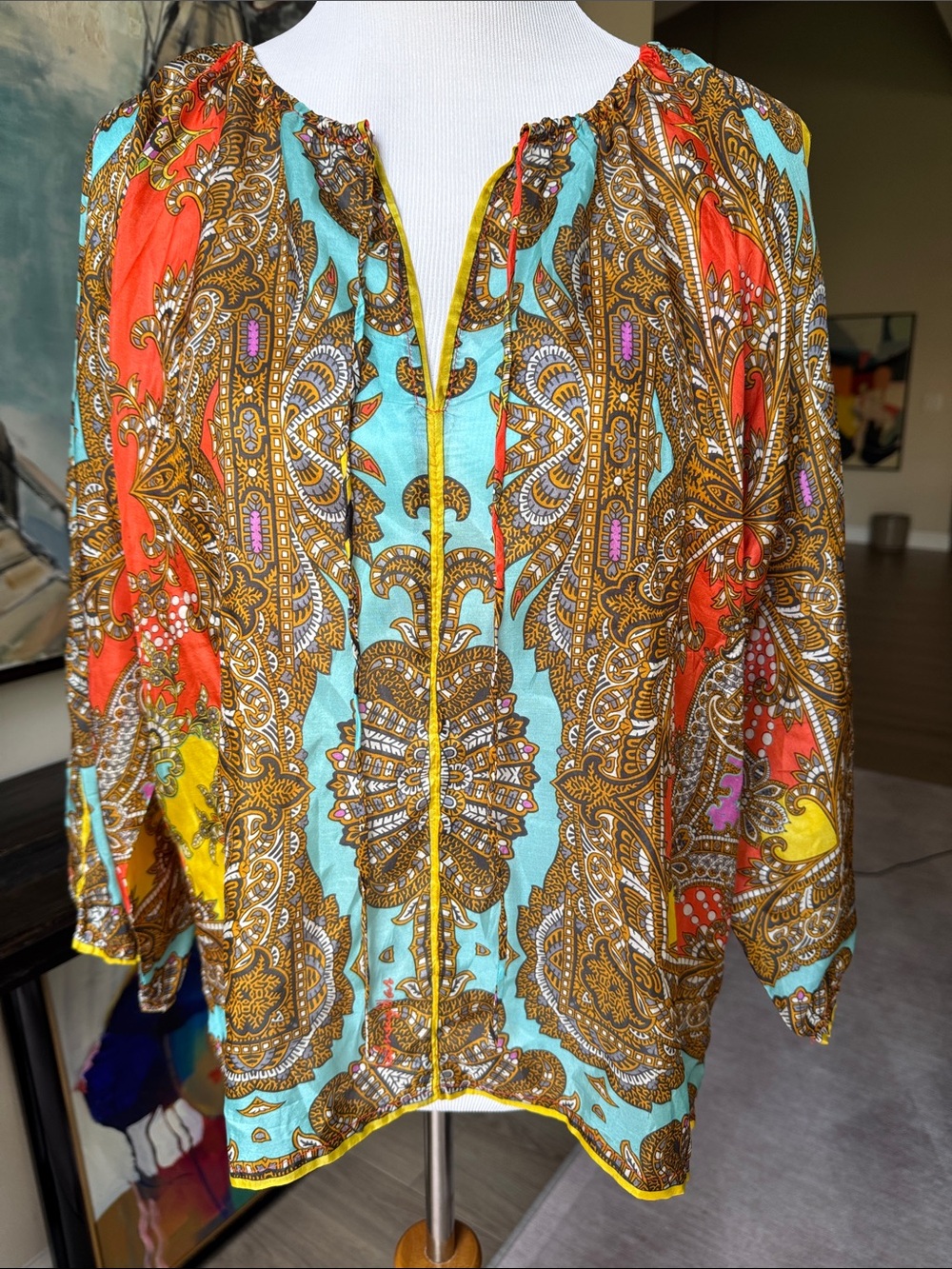Johnny Was Paisley Zip-Front Blouse in Turquoise, Rust & Mustard